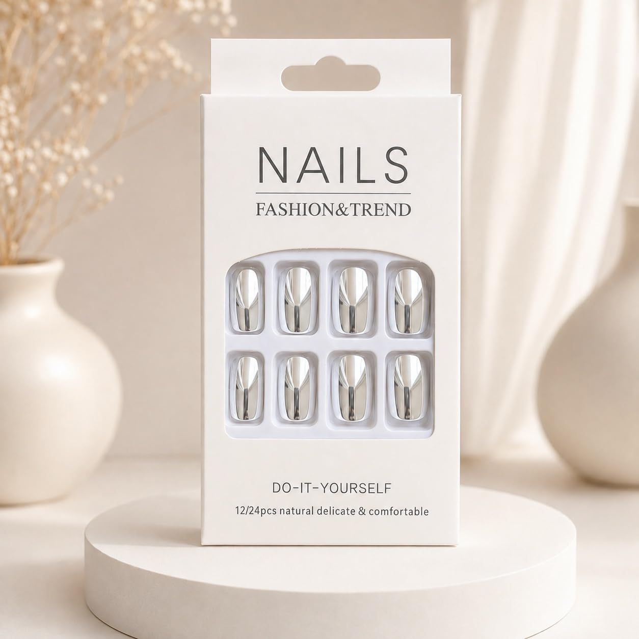 S.A.V.I Press on Nails Short Square Mirror Chrome Silver 24 Pcs