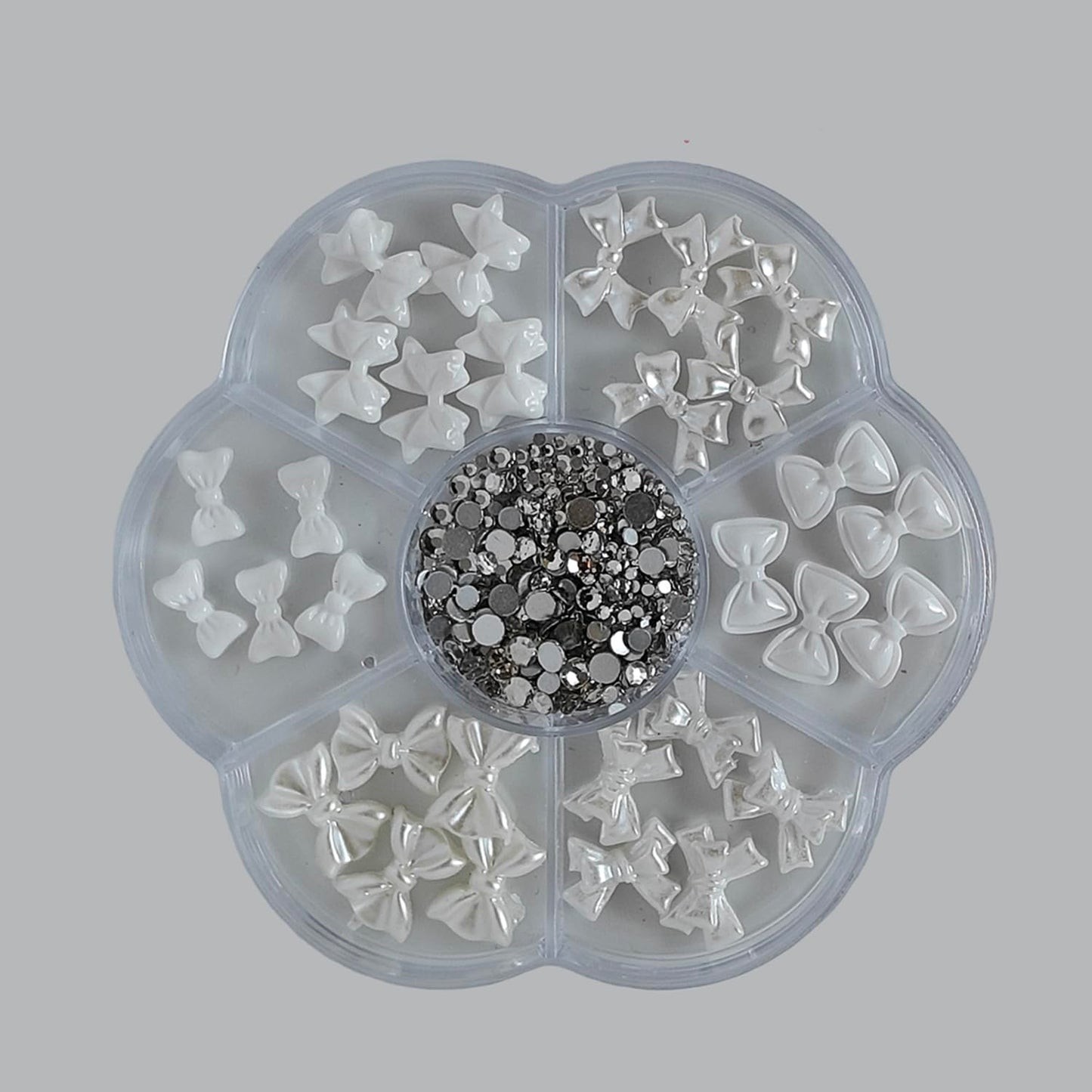 S.A.V.I 3D White Bowknot Nail Art Charms Set (30 Pcs) – Pearl Finish Resin Bows & Flat-Back Rhinestones, Mixed Sizes, Round 7-Section Storage Box for DIY Acrylic & Gel Nails