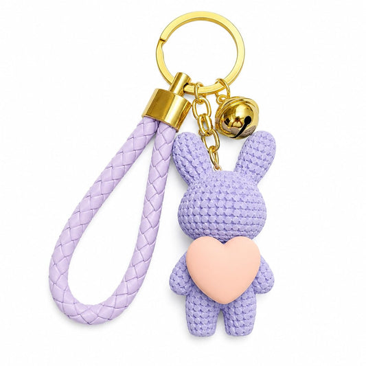 S.A.V.I Bunny Keychain Resin Bag Charm Purple with Heart Pendant | Braided Wrist Strap, Gold Bell Accent, 7 cm Pendant, for Backpacks & Handbags, for Women & Girls