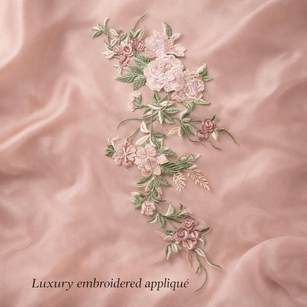 S.A.V.I Soft Blush Pink & Pastel Green Floral Embroidered Sew On Appliqué Patch 21 x 50 cm | Net Thread Work | Vertical Vine Design for Bridal Gowns, Sarees & Evening (Green)
