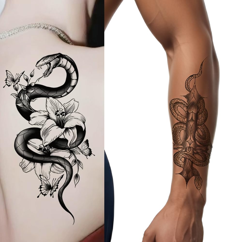 S.A.V.I 3 Pcs Large Snake Design Temporary Tattoo Sheets – Black Waterproof & Long Lasting Body Art Stickers for Men & Women, 21x10cm, Safe & Non-Toxic Realistic Fake Tattoos