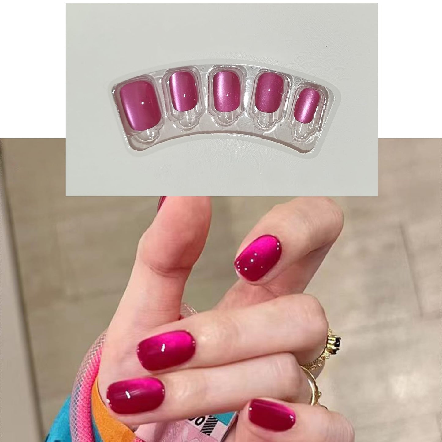 S.A.V.I 30 Pcs Hot Pink Cat Eye Press On Nails for Women, Short Length Natural Square, Glossy Reusable Artificial Nails with Glue & Adhesive Tabs, Salon Finish