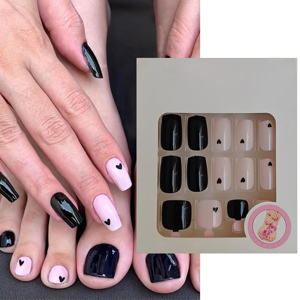S.A.V.I 48 Pcs Fake Nails Set | Black  Nude Pink Square Nails | Heart Design | Medium-Length | Hands  Feet Manicure Kit | Nail Art for Fingers  Toes | Stylish  Long-Lasting