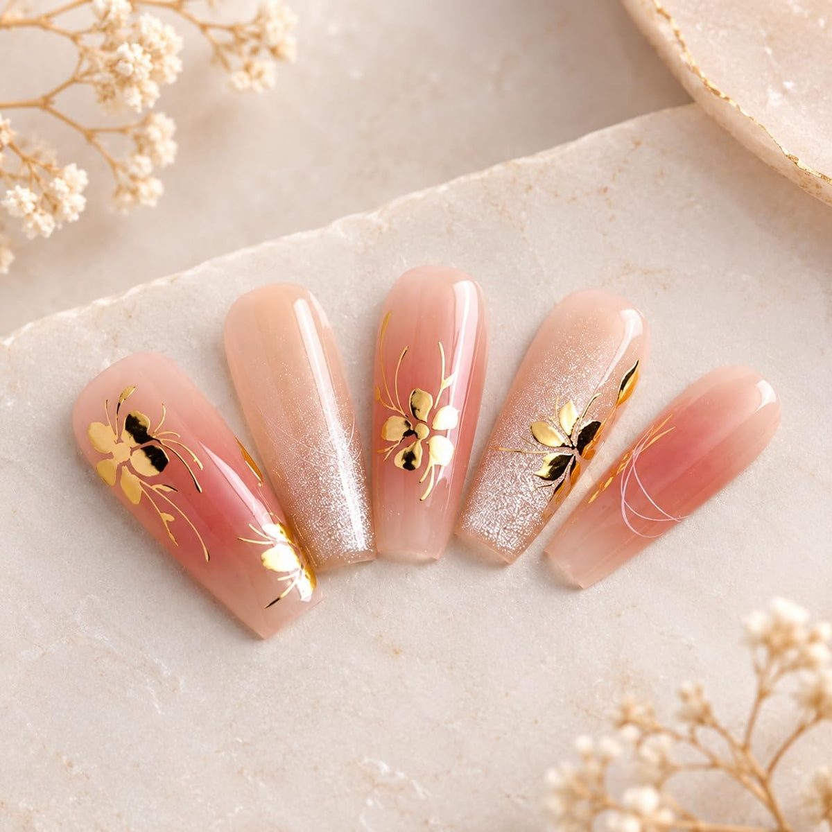 S.A.V.I 3D Floral Nail Art Stickers Metallic Gold, Set of 4 | Self Adhesive Decals, Raised Flower Designs, 8 x 10 cm Each, Easy Application, Home Salon Use
