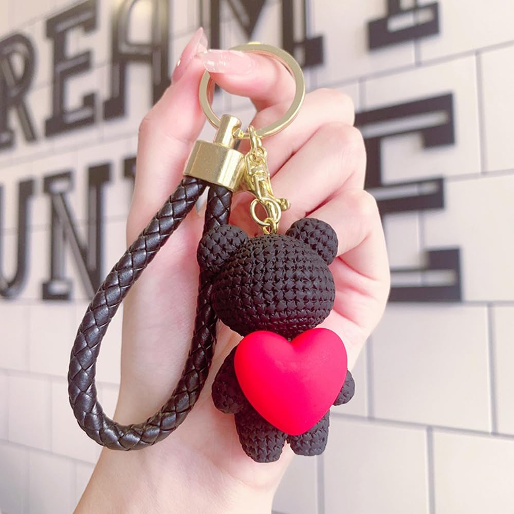 S.A.V.I Cute Black Bear Keychain with Heart Charm | Resin Mini Teddy Pendant 6cm | Braided PU Leather Wrist Strap | Lightweight Gold Key Ring for Girls, Women (Black)