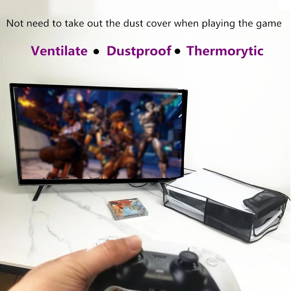 S.A.V.I Dustproof Breathable Cover for PS5 Slim Horizontal Console, Black & Transparent Mesh with TPU Case, Flip-Open Cooling Design, Scratch & Water Resistant Protection (Horizontal)