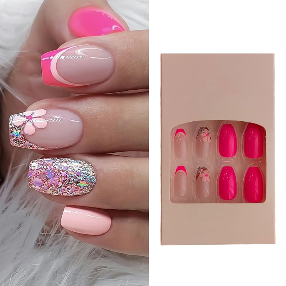 S.A.V.I Glitter Pink Floral Coffin Fake Nails - 24 PCs, Medium, Adhesive  Glue Included