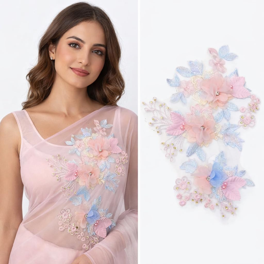 S.A.V.I Pastel Pink & Blue 3D Floral Embroidered Sew-On Appliqué Patch 37x37 cm, Net Fabric with Pearl & Bead Work for Kurti, Gown, Saree & Blouse Decoration (Left)