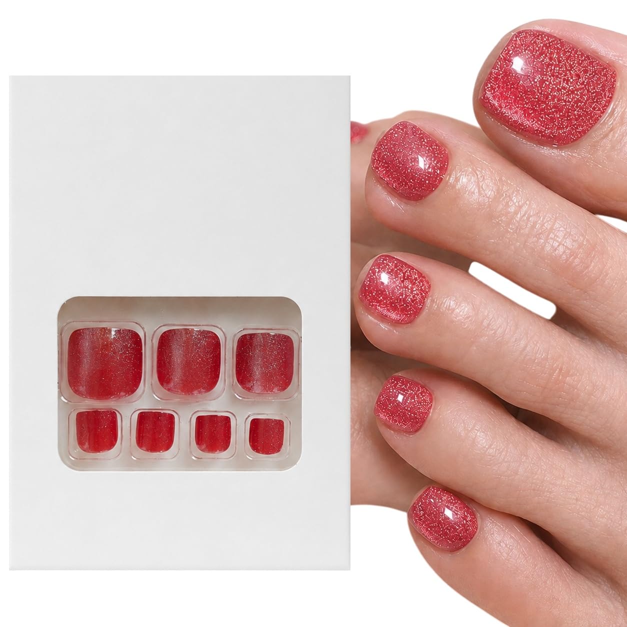 S.A.V.I Press on Toenails 24 Pcs Red Cat Eye Short Square Shape