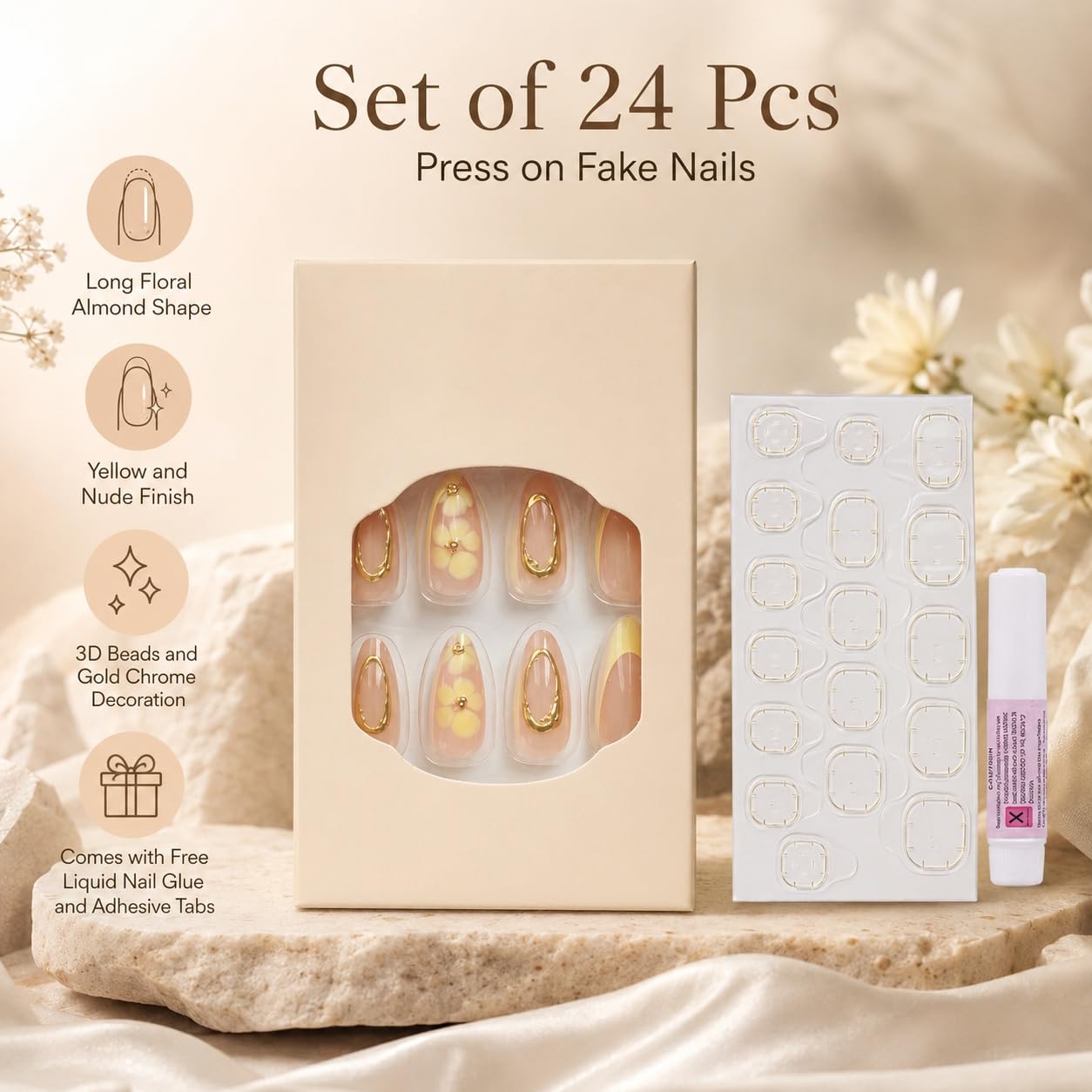S.A.V.I Floral Almond Press on Nails Yellow Nude Glossy 24 Pcs