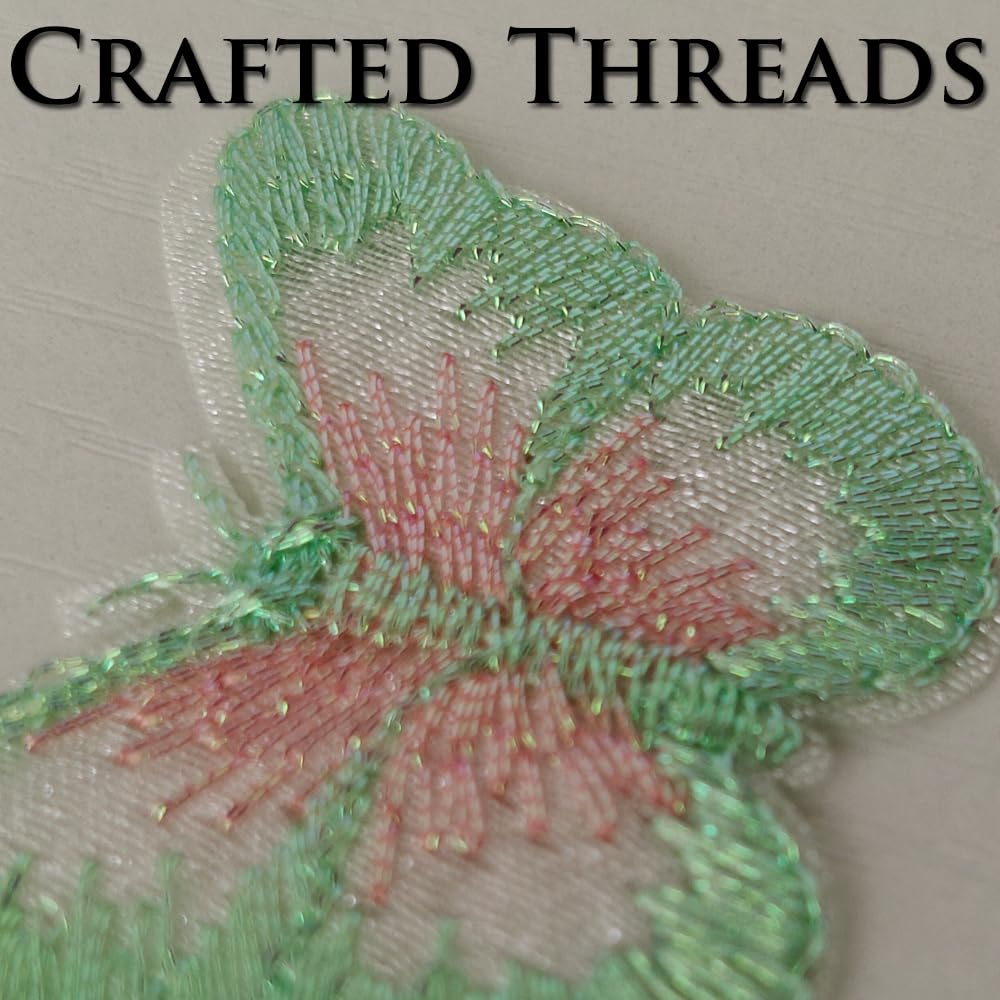 S.A.V.I 5Pcs Green & Pink Embroidered Butterfly Sew-On Patches, 5 x 4.5 cm Sheer Net Fabric Appliques for Blouses, Dresses, Lehengas, Crafts & DIY Sewing (Green Pink)