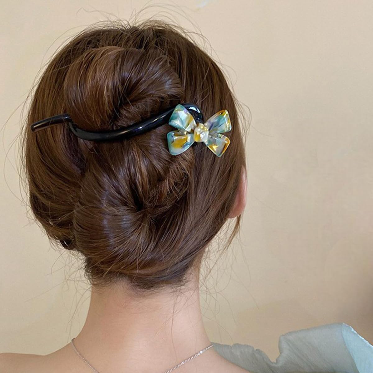S.A.V.I Multicolor Acrylic Hair Clip for Women & Girls | Elegant Bow Design with Crystal Center | Strong Grip U-Shaped Ponytail & Bun Holder | 12cm Stylish Party & Daily Accessory