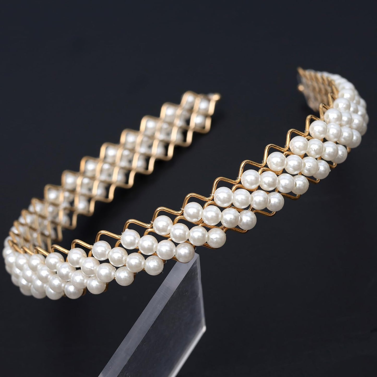 S.A.V.I Gold Plated Pearl Headband for Women & Girls | 14cm Elegant White Faux Pearl Hairband | Stylish Zigzag Metal Design | Party, Wedding, Ethnic Hair Accessory