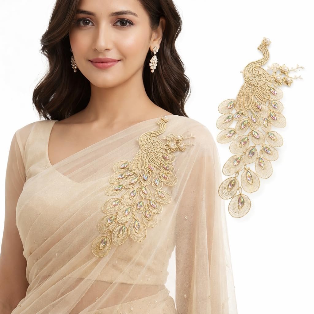 S.A.V.I Gold Peacock Embroidered Sew-On Applique 14 x 30 cm | Threadwork with Iridescent Stones | Designer Ethnic Motif for Saree, Blouse, Kurti & Gown (Right, Gold, OneSize)