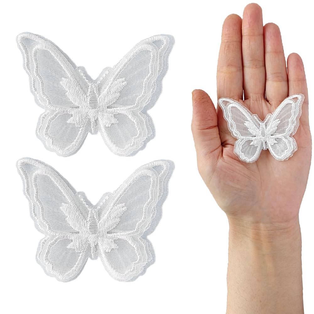 S.A.V.I 2PCS Embroidered Big Butterfly Appliqué Patches - Delicate Organza White Lace Design | Easy Sew-On Patches for Craft Projects, Clothing, Accessories | Decorative Patch Set (2.4x1.8)