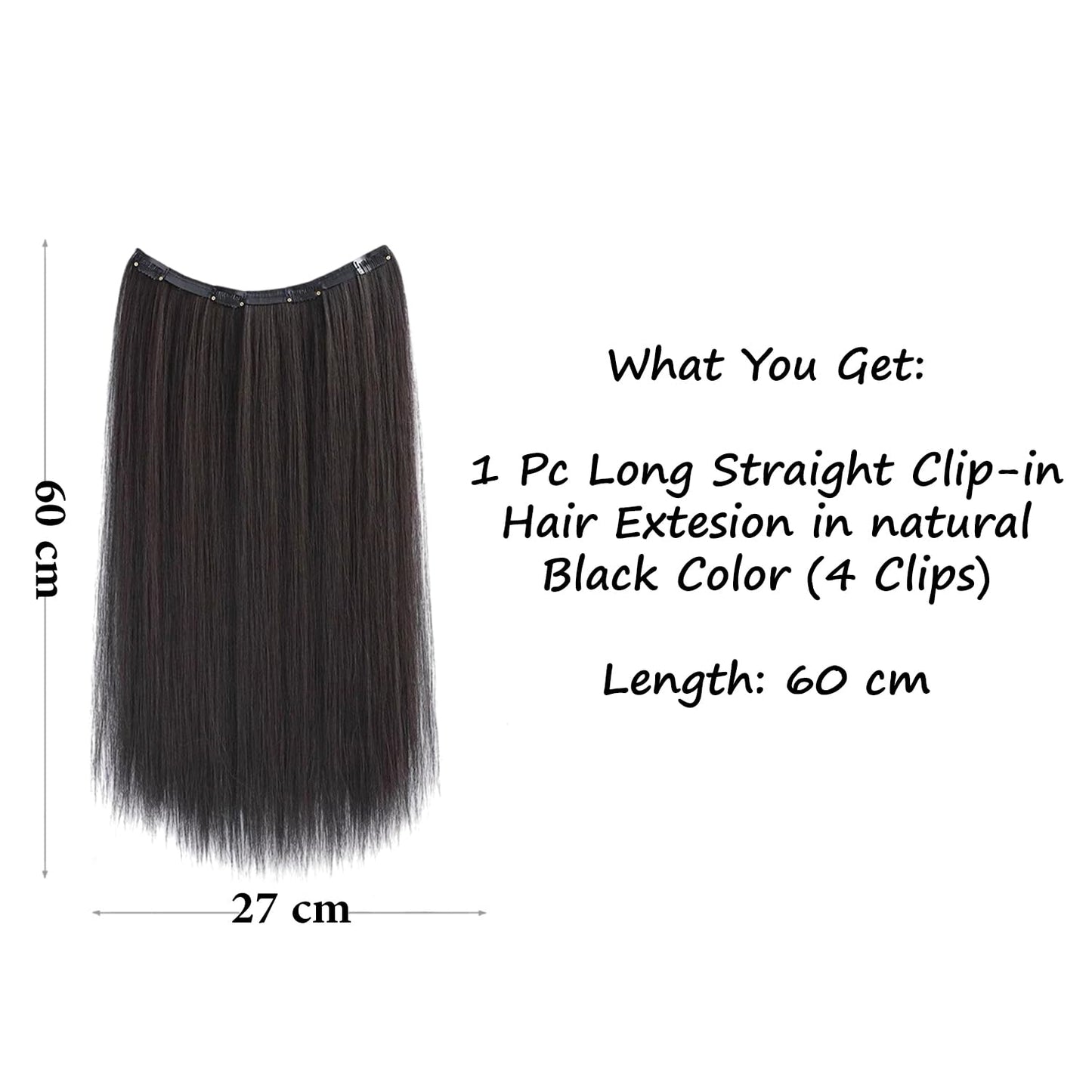 S.A.V.I Natural Black Clip-In Hair Extension 60 cm Straight Long Hair Patch for Women | One Piece 4 Clip Volumizer | Soft Synthetic Fiber | Seamless Thick Natural Look | 27 cm Wide