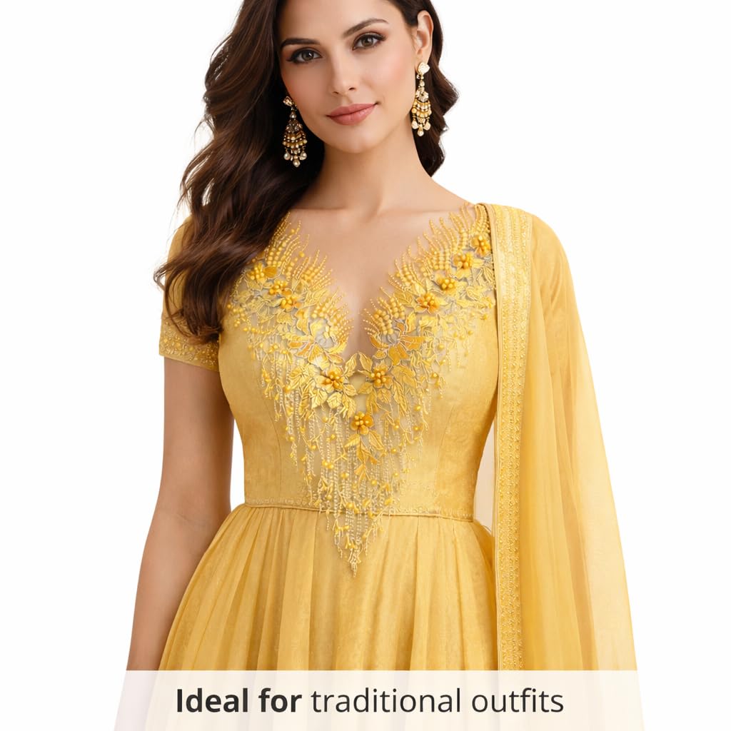 S.A.V.I Golden Yellow Floral Beaded Embroidery Lace Applique Patch 28 x 55 cm | V-Neck Net Mesh Design for Lehenga Choli Blouse, Gown & Designer Ethnic Wear (Yellow)