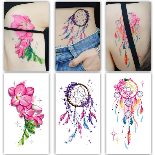 S.A.V.I 3 Pcs Large Temporary Tattoo for Women – 16x9 cm Colorful Dreamcatcher & Flower Designs | Safe Non-Toxic Waterproof Body Art Stickers for Girls, Shoulder, Back, Waist (Multicolor) (10)
