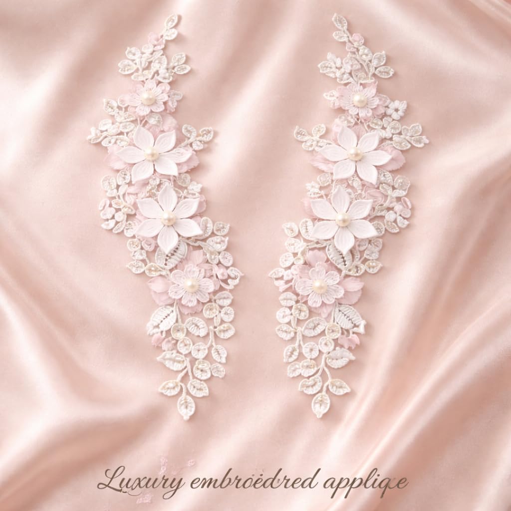 S.A.V.I Luxury Blush Pink Floral Embroidered Applique Pair 12x30 cm | 3D Lace Pearl Beaded Net Fabric Neckline Motif for Women’s Kurtis, Gowns & Bridal Wear (Pink Flowers)