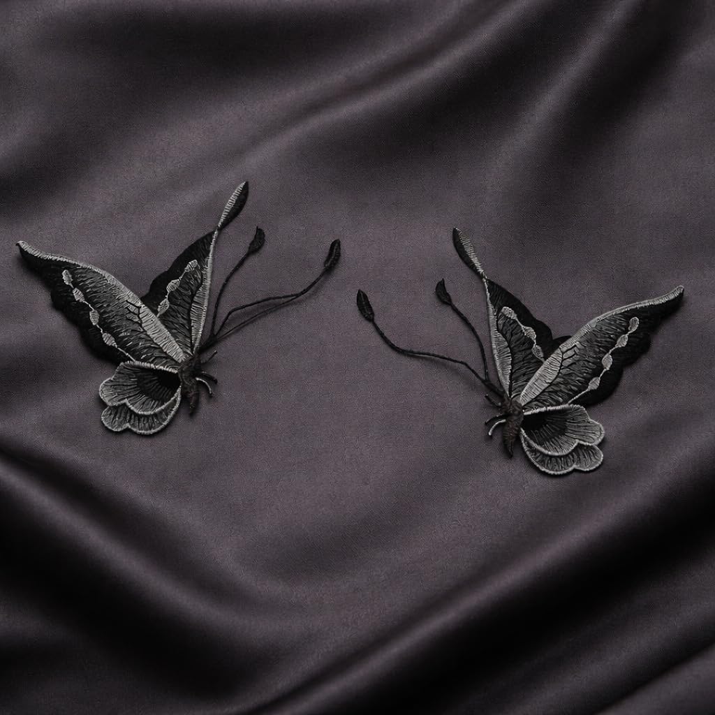 S.A.V.I Dark Grey Embroidered Butterfly Applique Patch Pair (Left & Right), Sew-On Fabric Motif 12.5 x 9.3 cm, Thread Work for Dresses, Shirts, Denim & DIY Fashion (Dark Grey)