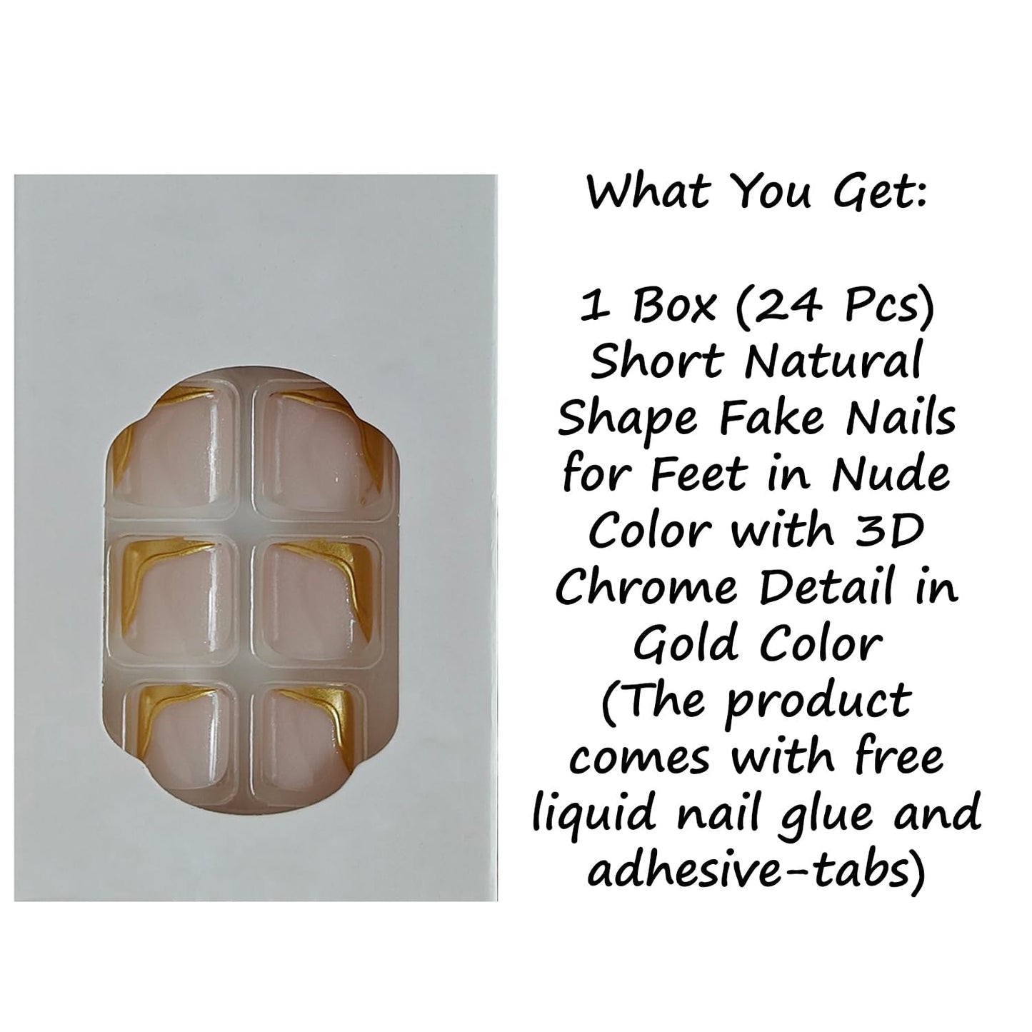 S.A.V.I Long Almond Press On Nails for Women, Nude Pink with Gold Chrome & Pearl 3D Design, Glossy Reusable Artificial Set, Pack of 24 with Nail Glue & Adhesive Tabs