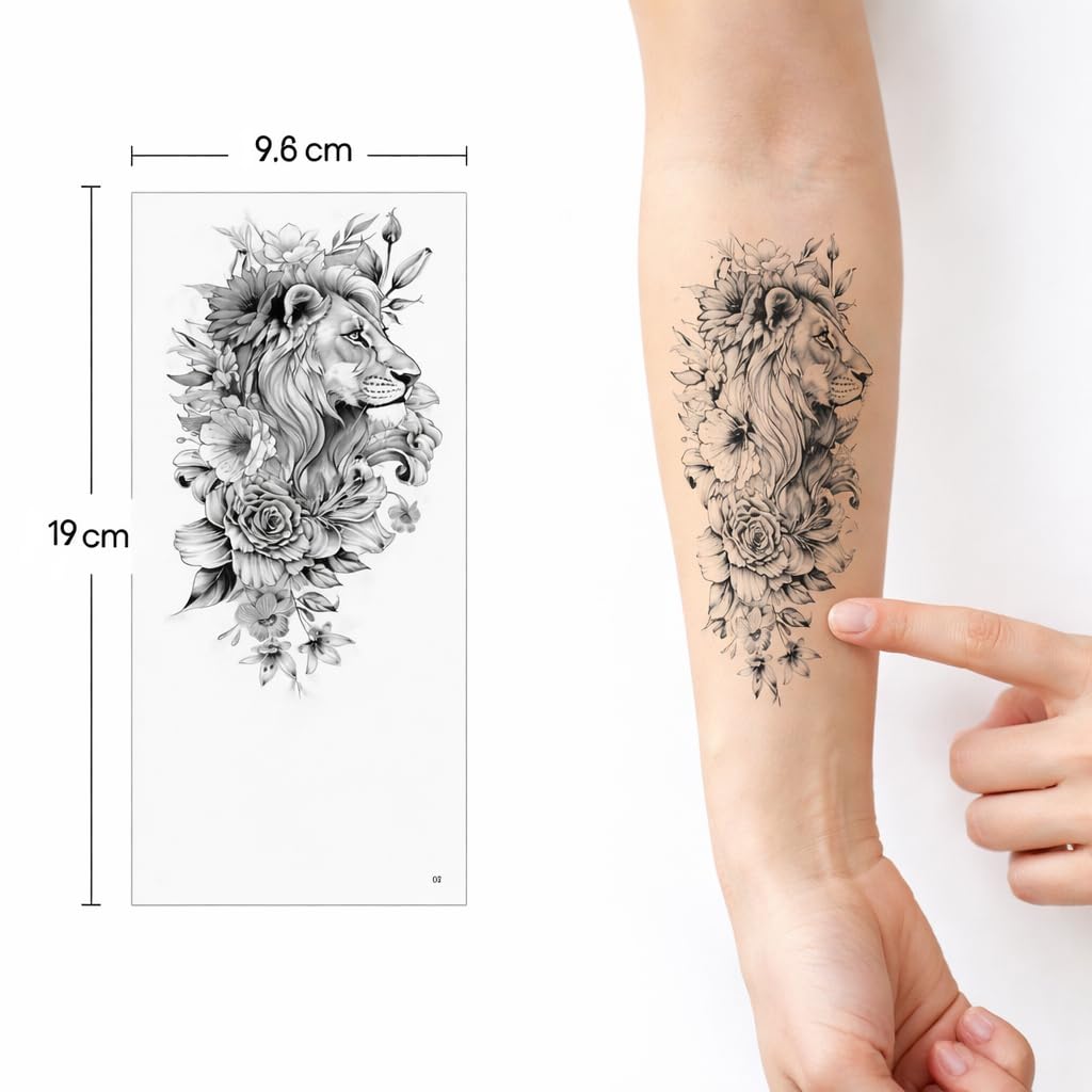 S.A.V.I 10 Pieces - Black Floral & Lion Temporary Tattoo Set for Women & Girls Large 19x9.6 cm | Realistic Fine Line Body Art for Arm, Shoulder, Chest | Waterproof, Safe, Non-Toxic, Easy Application