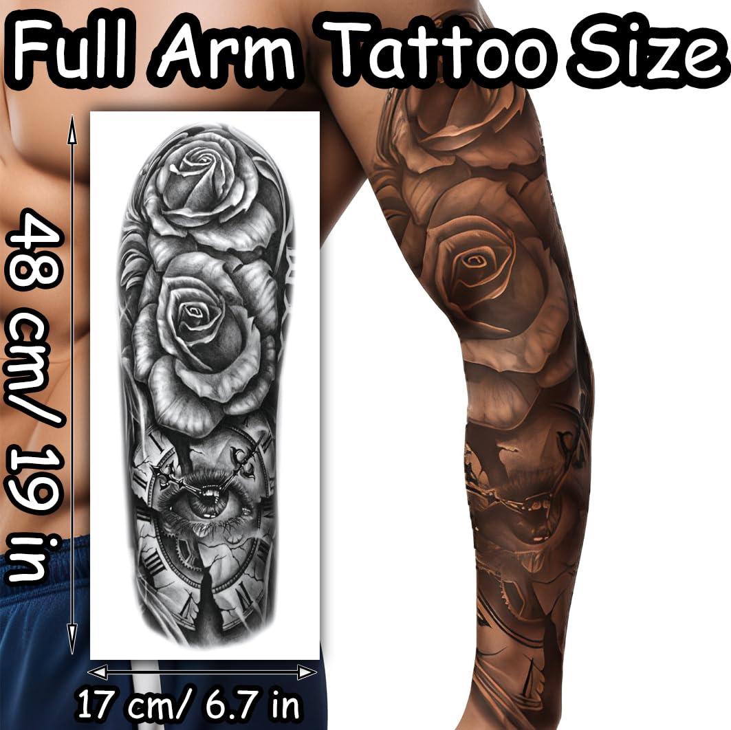 S.A.V.I Full Arm Temporary Tattoo for Men – 48x17 cm Long Sleeve Design – Realistic Rose & Clock Black Tattoo Sticker – Waterproof, Non-Toxic, Safe Body Art – Easy to Apply & Remove