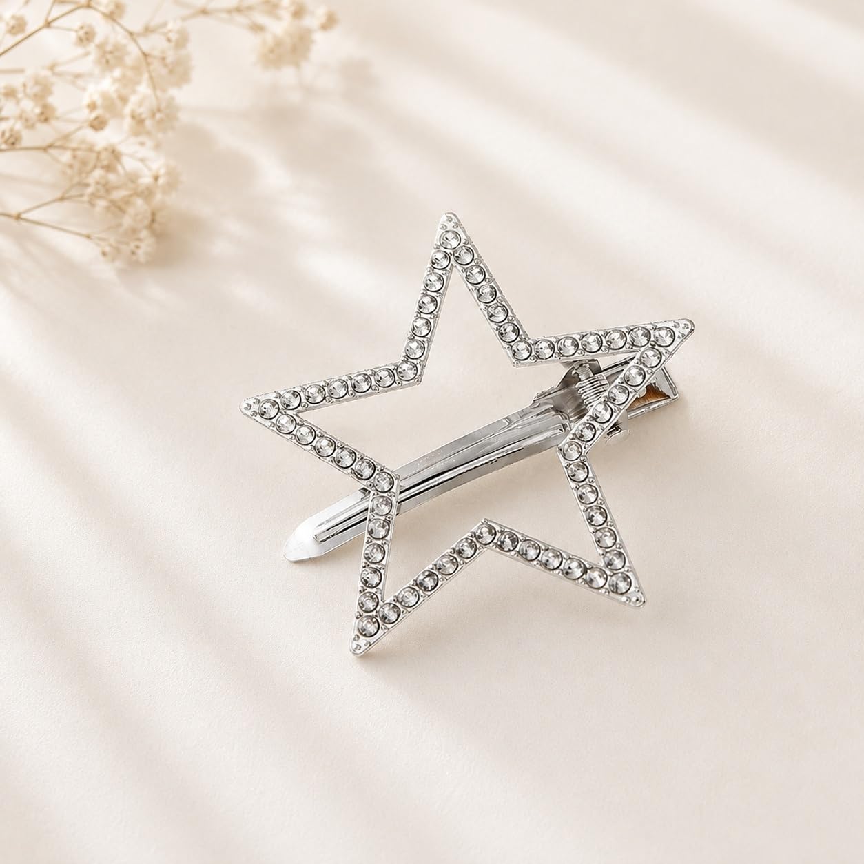 S.A.V.I Star Hair Clips for Women & Girls, Rhinestone Silver 4cm | 2 Pc Metal Barrettes, Crystal Embellishment, Strong Hold, Daily & Parties