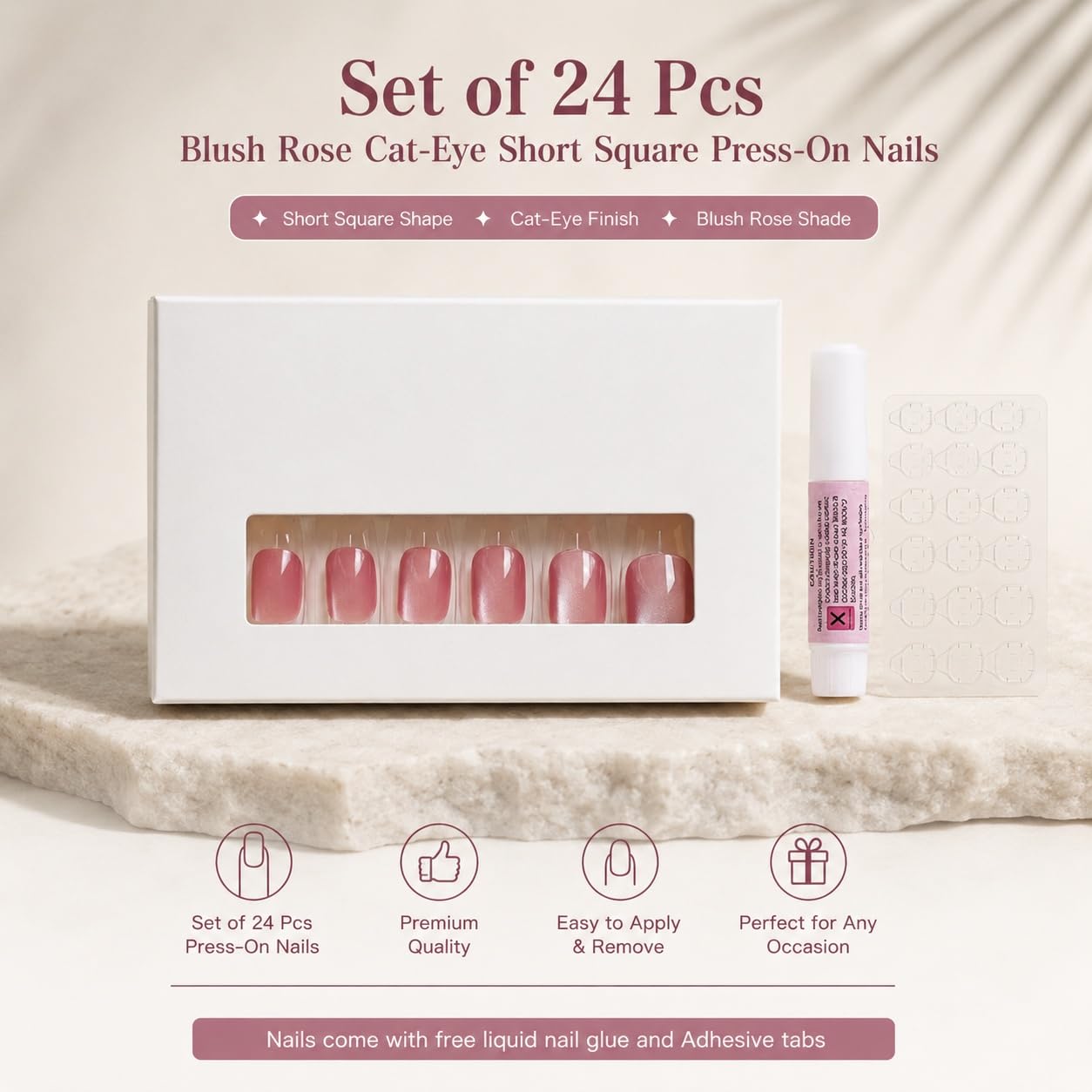 S.A.V.I Short Square Press on Nails Blush Rose Cat Eye Finish 24 Pcs