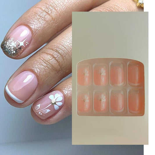 S.A.V.I 24Pc Nude Floral Glitter Press-On Nails - Natural Short Fake Nails with Adhesive  Glue