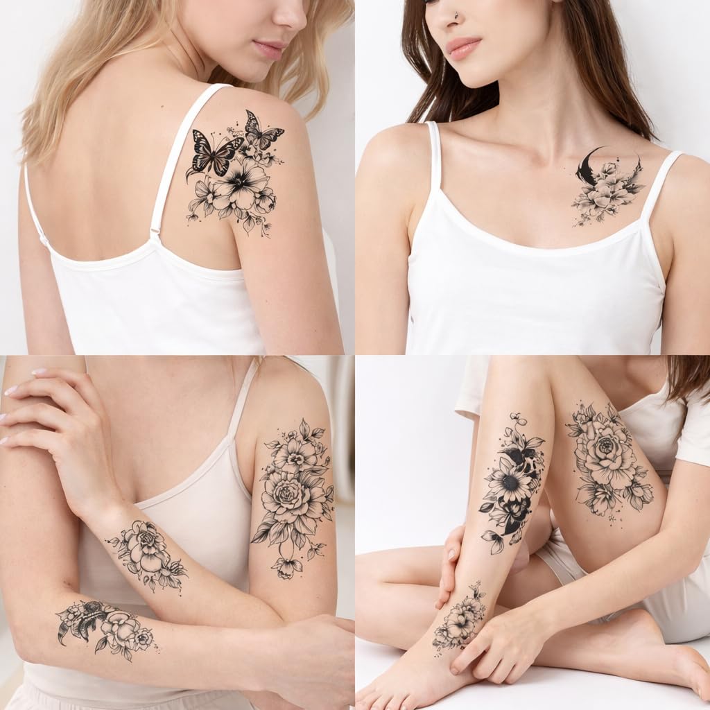 S.A.V.I 10 Pieces - Black Floral & Lion Temporary Tattoo Set for Women & Girls Large 19x9.6 cm | Realistic Fine Line Body Art for Arm, Shoulder, Chest | Waterproof, Safe, Non-Toxic, Easy Application