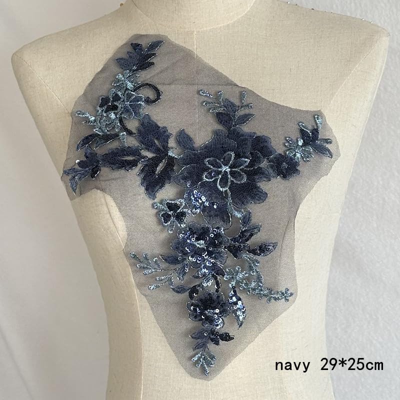 S.A.V.I Navy Blue Floral Sew-On Appliqué Patch 25 x 29 cm | Sequin & Thread Work Net Mesh | Designer Neckline Motif for Anarkali, Kurti, Gown & Dresses (Navy Blue)