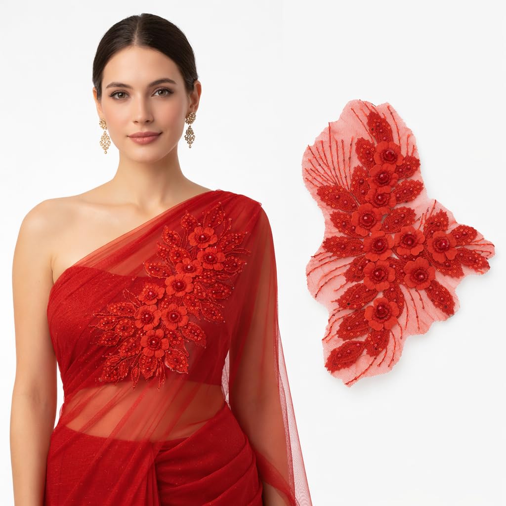 S.A.V.I 3D Red Floral Embroidered Appliqué Patch 29.9x38.8 cm | Leaf-Shaped Net Fabric with Beads & Sequins | Designer Motif for Saree Blouse, Gown, Lehenga & Sewing Crafts (Red)