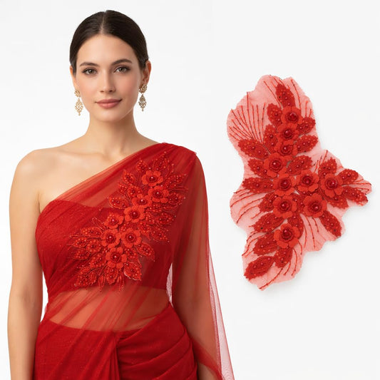 S.A.V.I 3D Red Floral Embroidered Appliqué Patch 29.9x38.8 cm | Leaf-Shaped Net Fabric with Beads & Sequins | Designer Motif for Saree Blouse, Gown, Lehenga & Sewing Crafts (Red)
