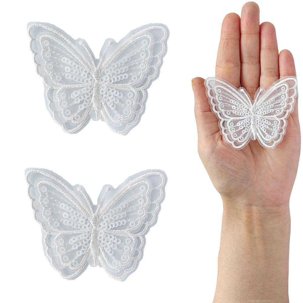 S.A.V.I 2PCS Embroidered Big Butterfly Appliqué Patches - Delicate Organza White Lace Design | Easy Sew-On Patches for Craft Projects, Clothing, Accessories | Decorative Patch Set (2.7x2.1 inches)