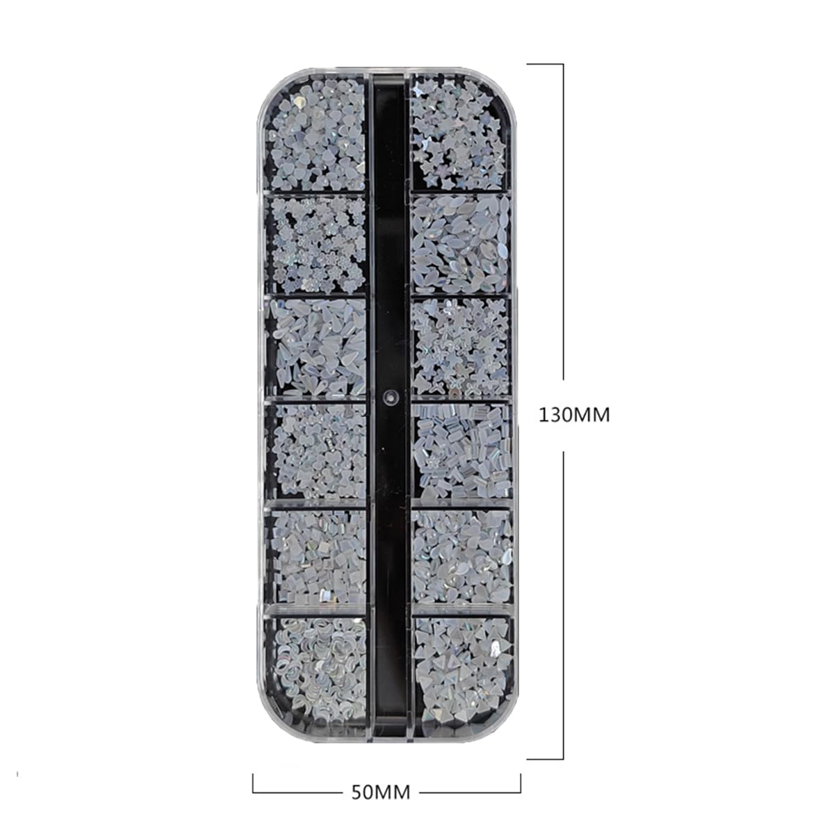 S.A.V.I Pearl White AB Resin Nail Art Rhinestones Set | Flat Back Mixed Shapes Star Heart Moon Flower Triangle | 1.5–4mm Sizes | 12 Grid Storage Box | DIY Nail Decoration Kit