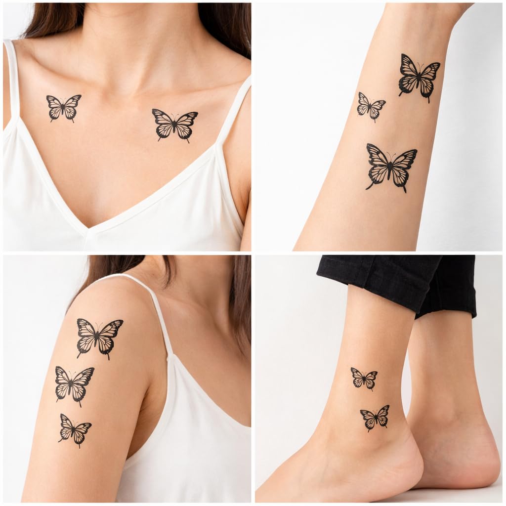 S.A.V.I 10 Sheets Black Butterfly Temporary Tattoos (6.8 x 12 cm) – Small & Large Floral Body Art Stickers for Women, Girls & Kids, Waterproof, Safe, Non-Toxic, Long Lasting for Arm, Wrist, Neck & Ankle (#328)