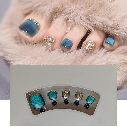 S.A.V.I 24 PCs Short Natural Shape Blue  Gold Glitter Cat's Eye Press-On Toe Nails | Stylish  Reusable False Nails for Women | Easy-to-Apply | Perfect for Party, Wedding
