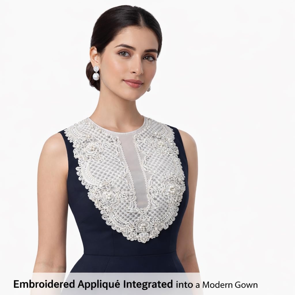S.A.V.I Luxury White Embroidered Lace Appliqué Neckline (30 x 36 cm) with Pearl & Bead Floral Work | U-Shape Yoke Patch for Kurti, Gown, Saree Blouse & Designer Dresses (Pearl & Stones)