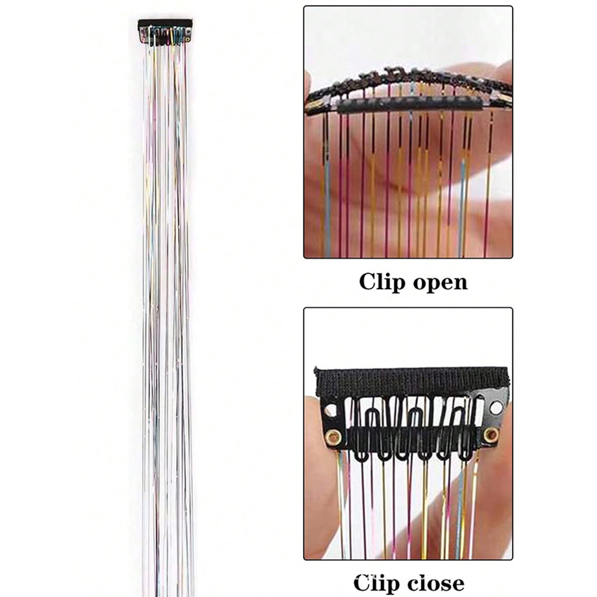 S.A.V.I Multicolor Clip-In Hair Tinsel Extensions 12 Pcs, 50cm Shimmer Fairy Hair Strands with Snap Clips, Metallic Glitter Highlights, Reusable Synthetic Party Styling Accessories for Women & Girls