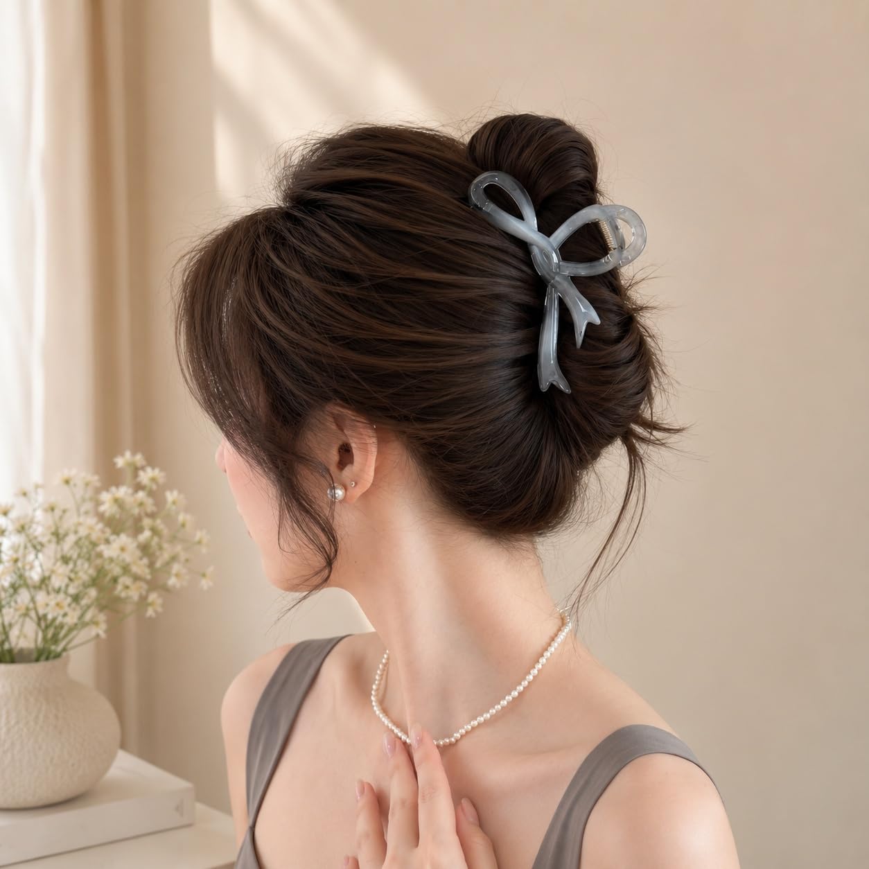 S.A.V.I Bow Hair Claw Clip for Women, Grey, 13 cm | Strong Hold, Lightweight, Acrylic Material, Formal & Casual Styles, For Girls
