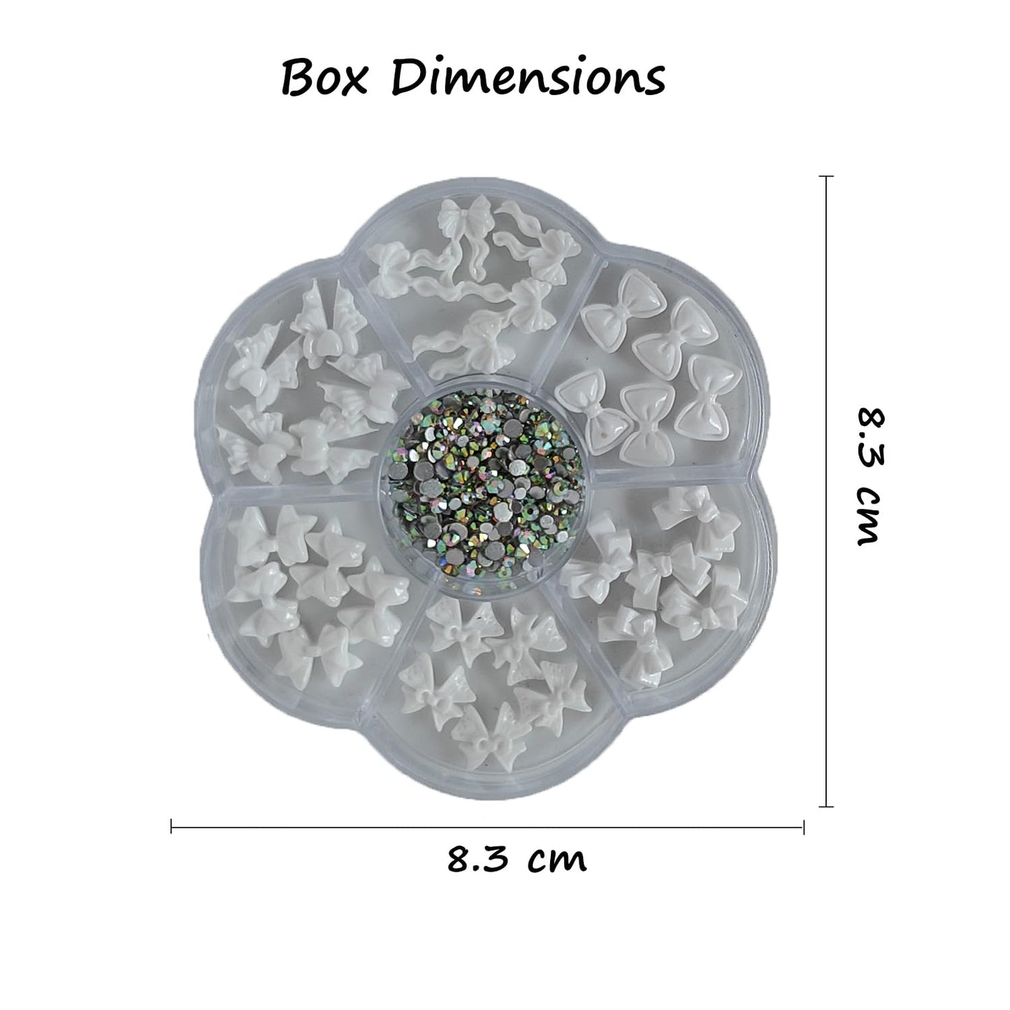 S.A.V.I 3D White Bow Nail Art Charms Set with 7-Section Box (8.3 cm) | Resin Bowknot & AB Flat-Back Rhinestones | Glossy DIY Nail Accessories for Salon & Home Use