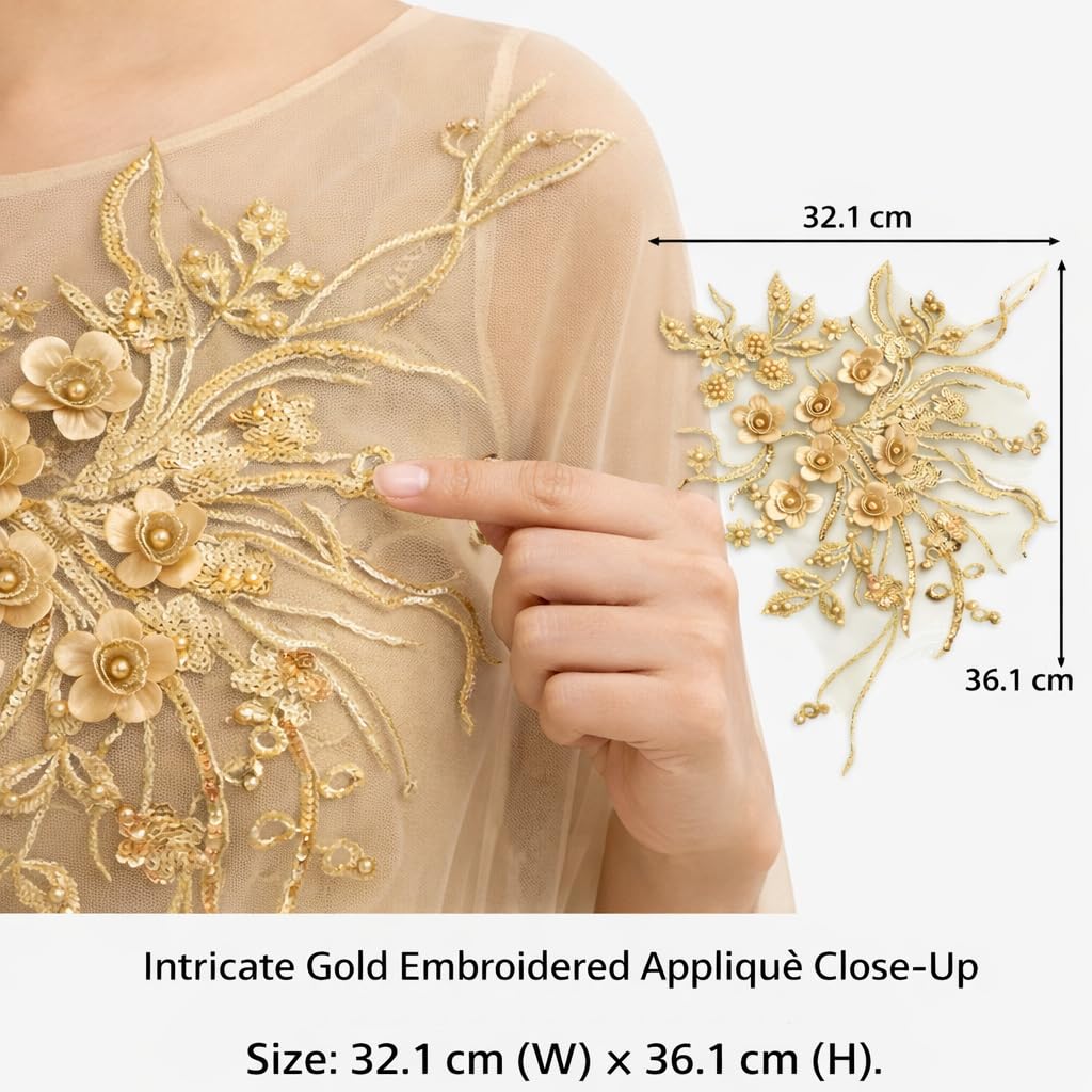 S.A.V.I Handcrafted Gold Floral Embroidered Appliqué Patch 32.1 x 36.1 cm | 3D Zardozi Flower Work on Net Fabric | Designer Sewing Motif for Blouse, Gown, Anarkali