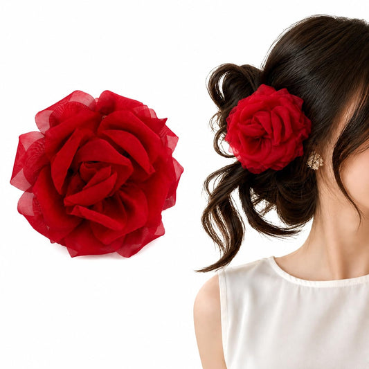 S.A.V.I Rose Hair Claw Clip for Women, Mesh Floral, Red, 10 cm | Strong Grip, Lightweight Fabric, Casual & Party Styling, Wedding & Festive Use, For Girls