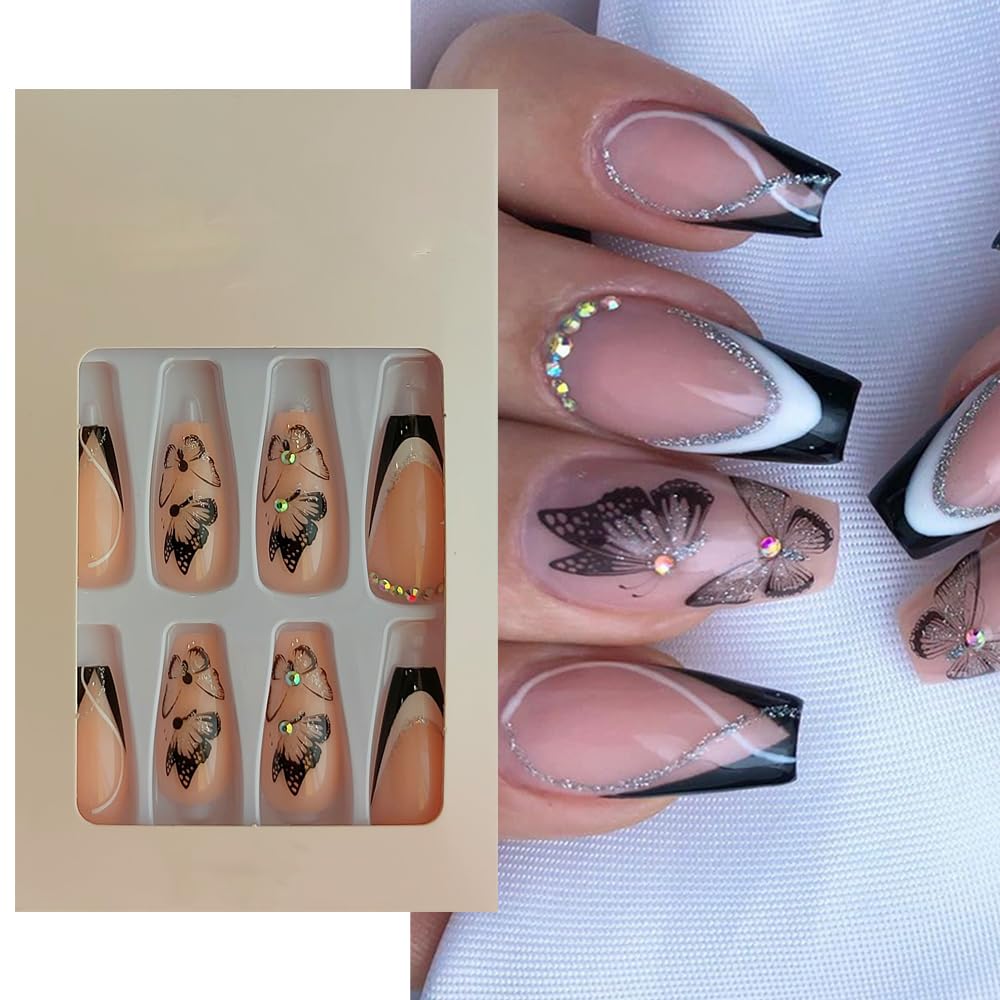 S.A.V.I 24Pc Long Coffin Nude Butterfly Fake Nails - Press On with Glue  Tabs