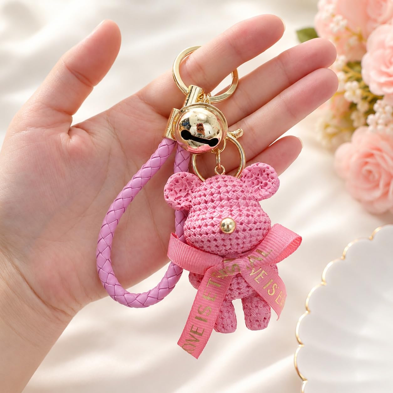 S.A.V.I Teddy Bear Keychain Pink Bag Charm with Gold Tone Bell | Braided Wrist Strap, Resin Finish, 7 x 4 cm, for Keys & Backpack, for Women & Girls
