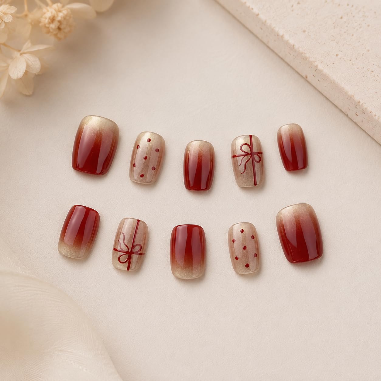 S.A.V.I Press-on Nails Short Cat Eye Red Nude Set of 30 | Bow & Polka Dot Design, Glossy Gradient Finish, Includes Glue & Adhesive, Reusable & Waterproof, DIY Manicure