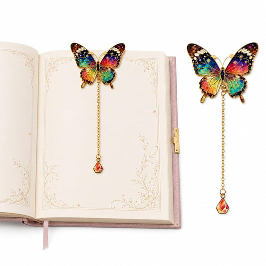 S.A.V.I Colorful Butterfly Metal Enamel Bookmark with Crystal Charm | Rainbow Finish, 5 cm Wings, 14 cm Dangle, Gold Chain Tassel, For Book Lovers, Women & Girls
