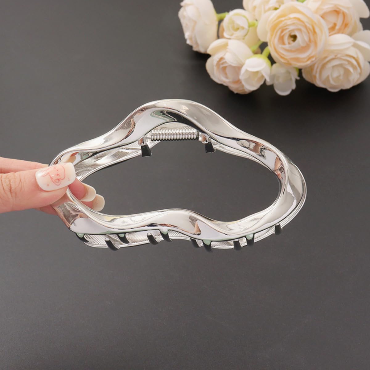 S.A.V.I Metal Hair Claw Clip 11 cm | Silver Wavy Hollow Design Strong Grip Hair Clutcher for Women | Korean Style Elegant Hair Accessory for Thick Long Hair