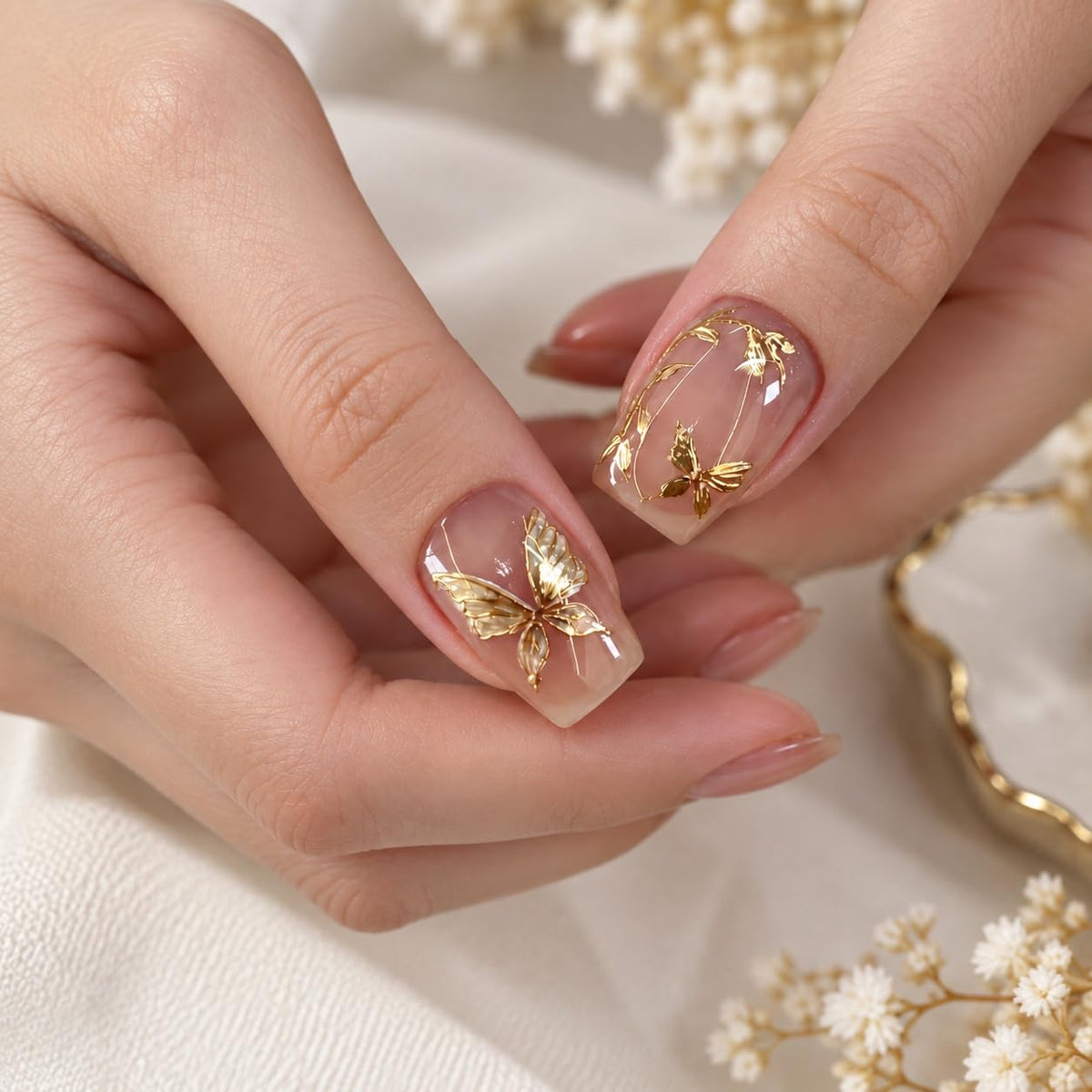 S.A.V.I 3D Nail Art Stickers Self Adhesive Floral Butterfly Pack of 2 | Metallic Gold Decals, DIY Manicure, Easy Peel and Apply, 7 x 9 cm Sheets, for Women and Girls